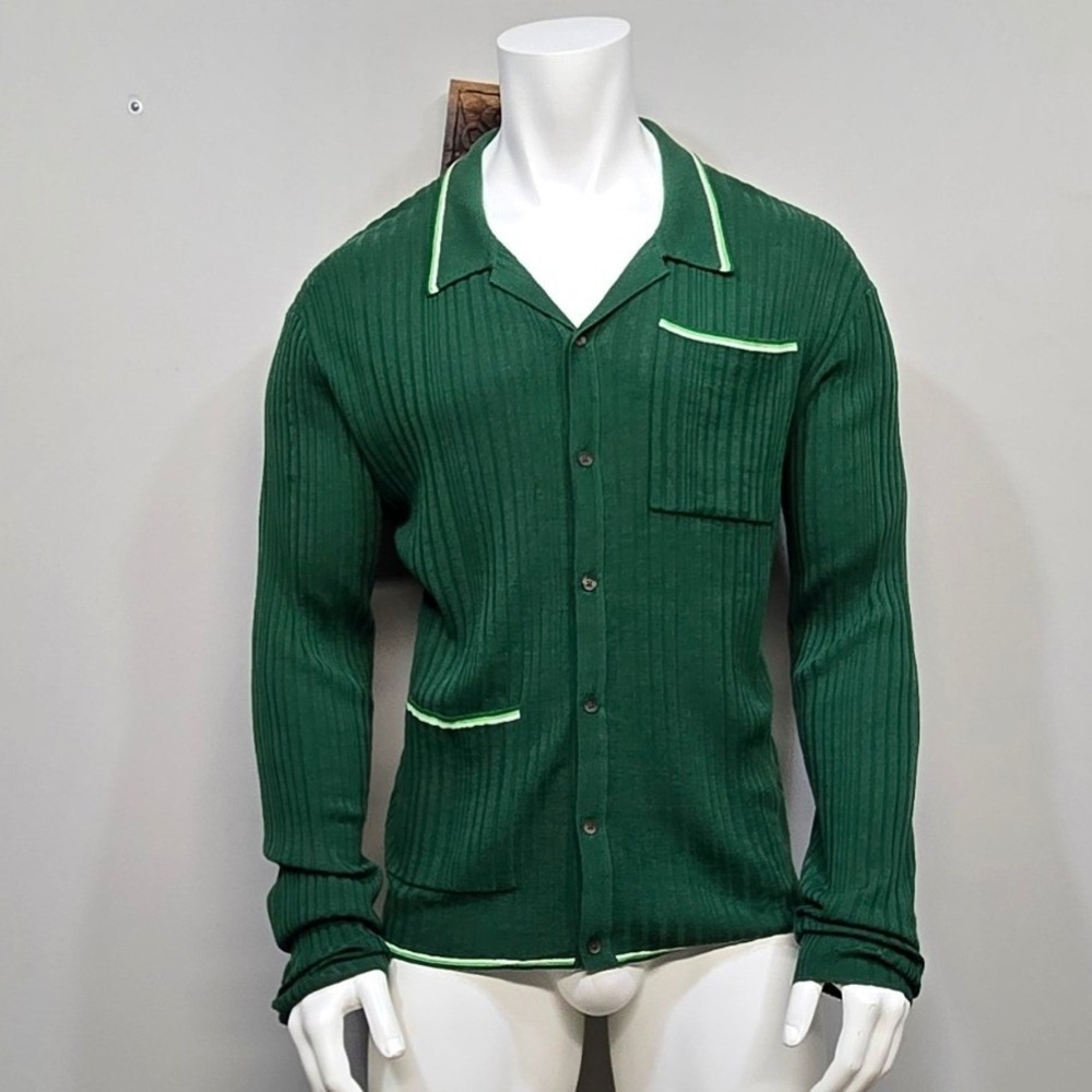 King & Tuckfield Ribbed Knit Shirt XL Green Merino Wool Cardigan Button Front